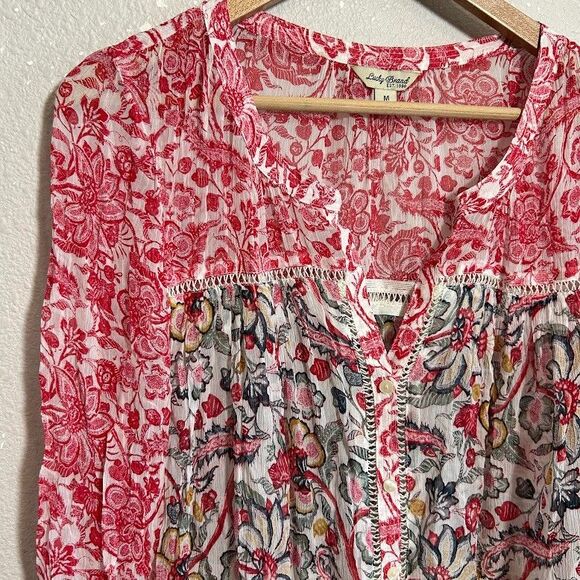 Lucky Brand Womens Blouse M Red Floral Button Up Rayon Semi Sheer - Picture 4 of 8